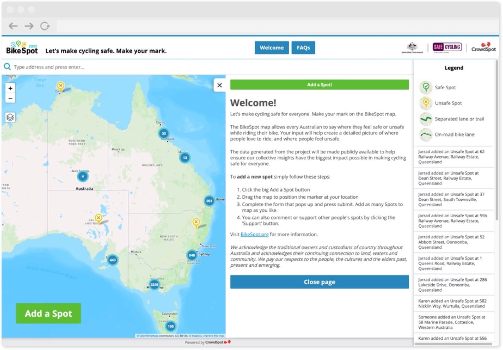 BikeSpot 2023 map interface with safe and unsafe spots across Australia