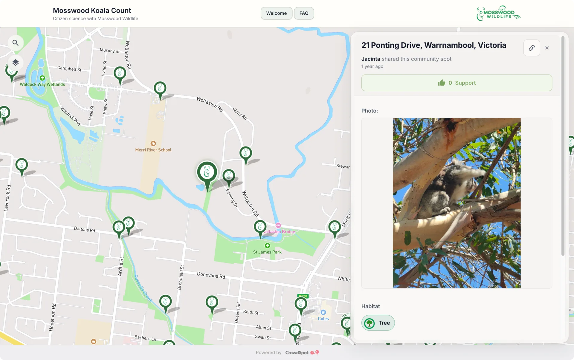 Mosswood Koala Count map on CrowdSpot
